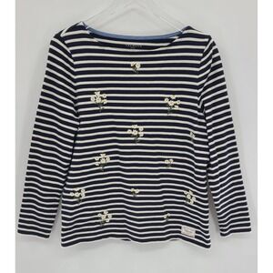 Talbots Women Navy White Stripe Embroidered Daisies Top Long Sleeve Boat Neck LP